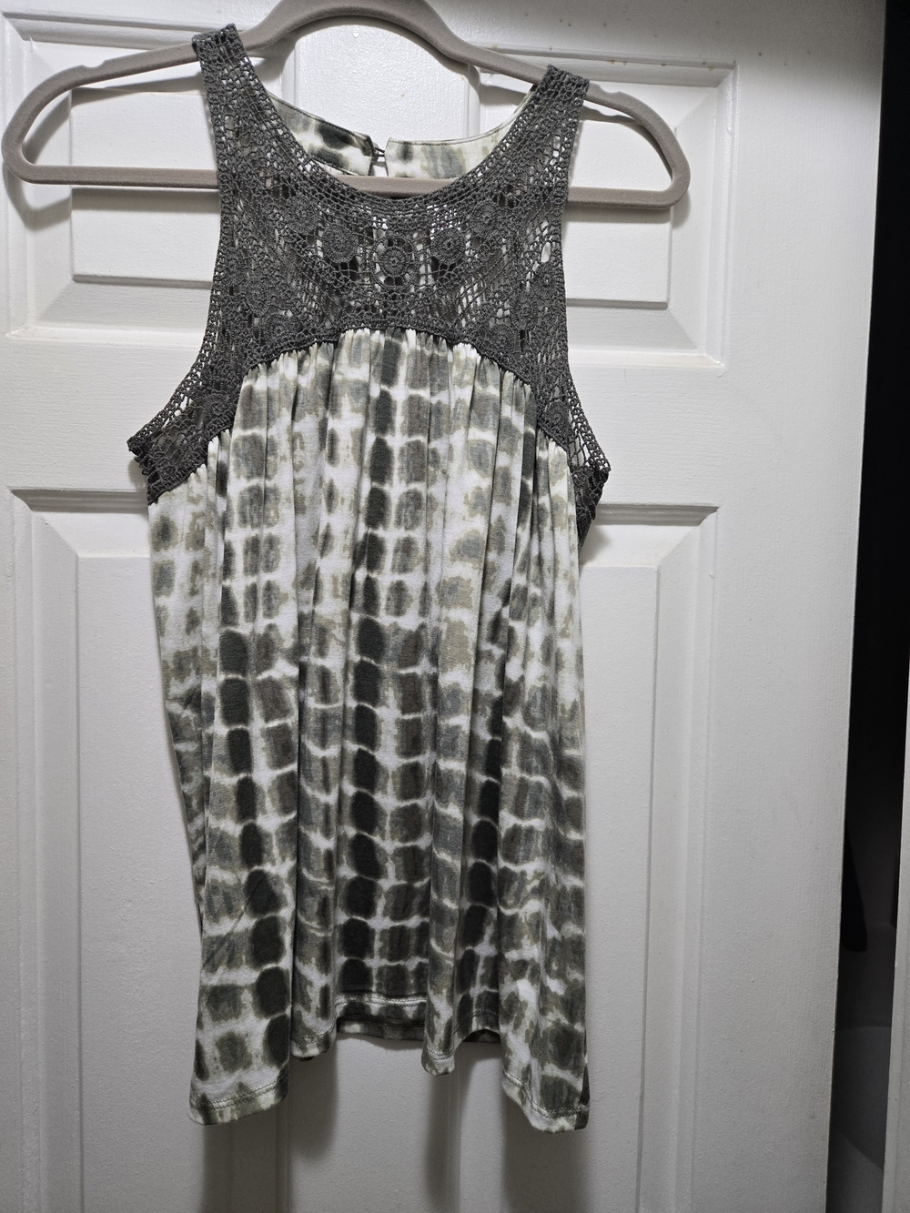 No Boundaries Gray Crochet Yoke Tie-Dye Tank
